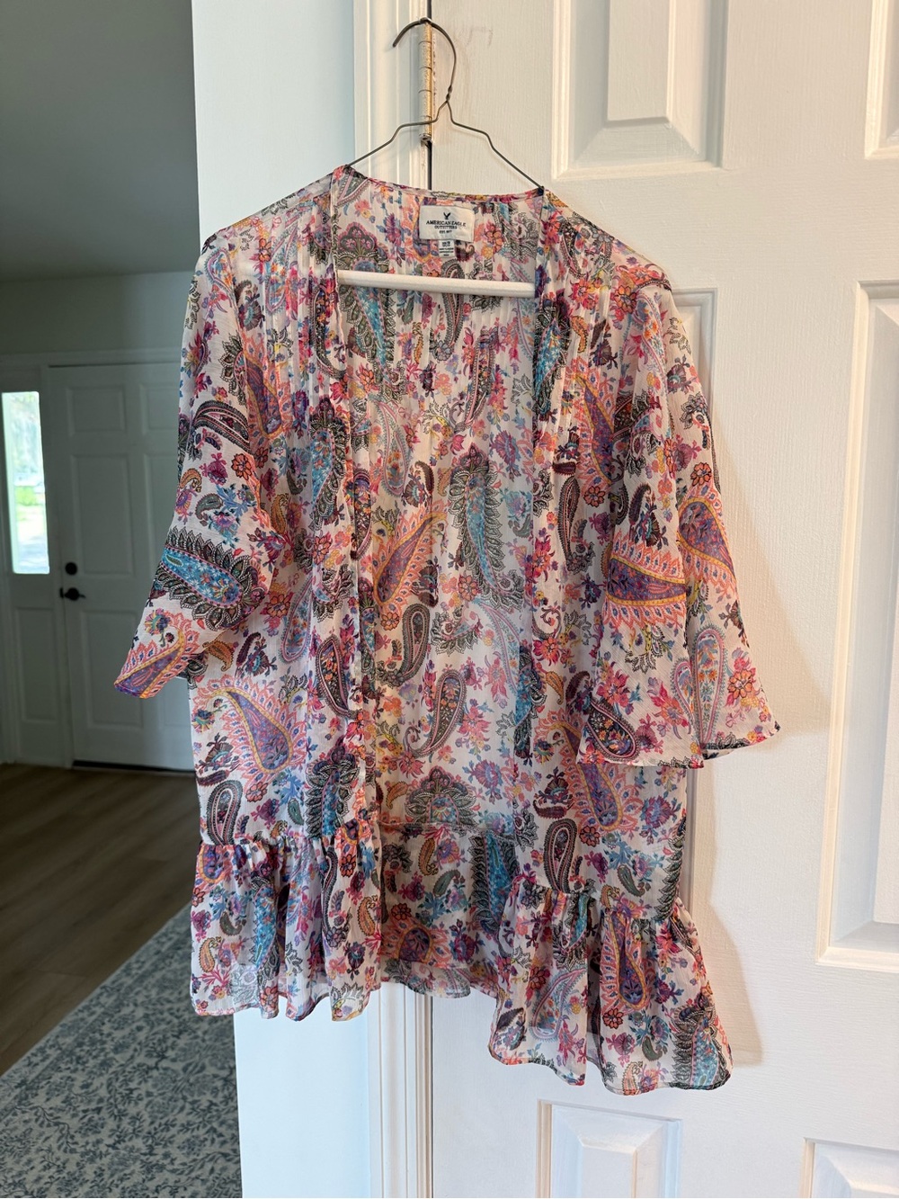 American Eagle Outfitters Sheer Paisley Kimono - White, Pink, Blue